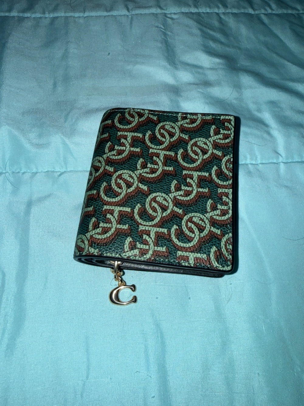 Coach Wallet with C Charm - Forest Green & Teal w/ Brown monogram